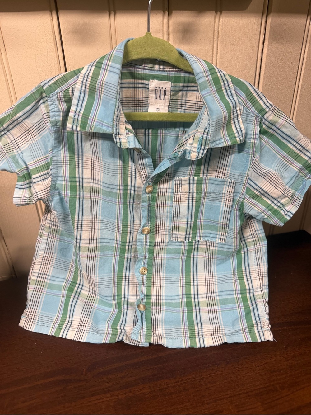 GAP Blue and Green Plaid Short-Sleeve Button-Down Shirt